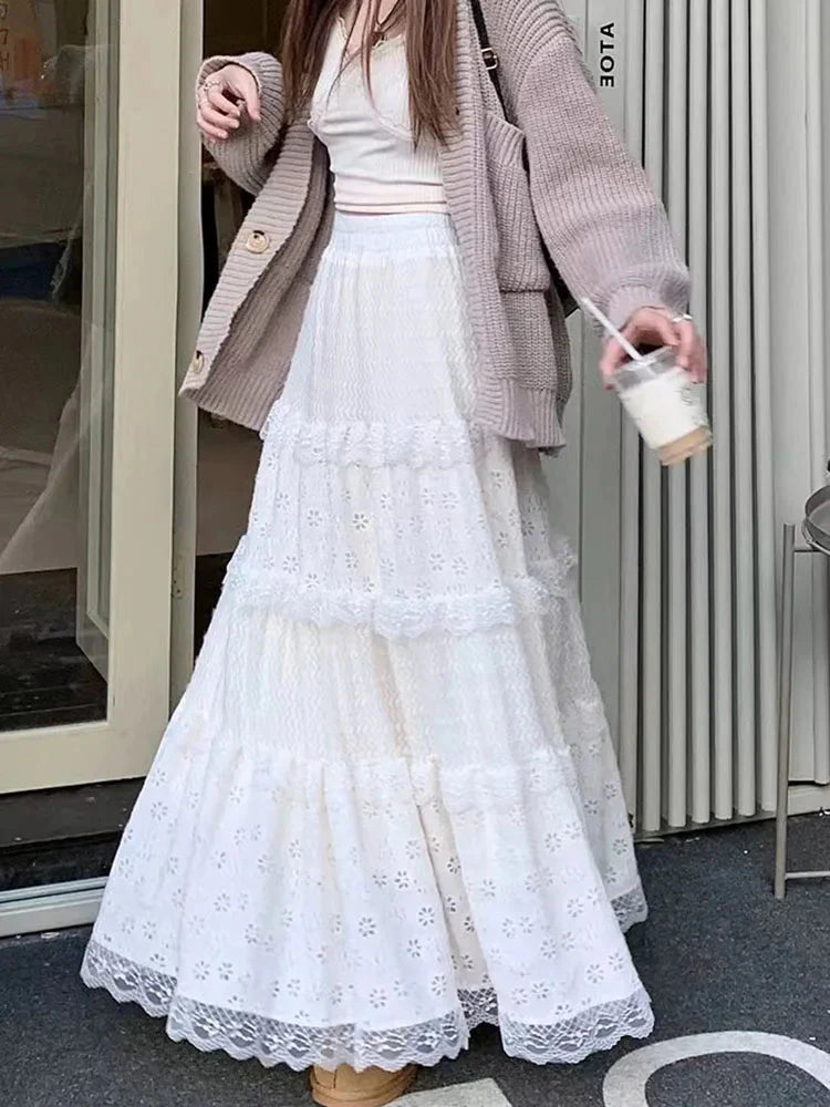 Elegant Lace Splicing Midi Skirt for Y2K High Waist Chic Hollow Out A Line Skirts Korean Solid All-Match Long Skirt