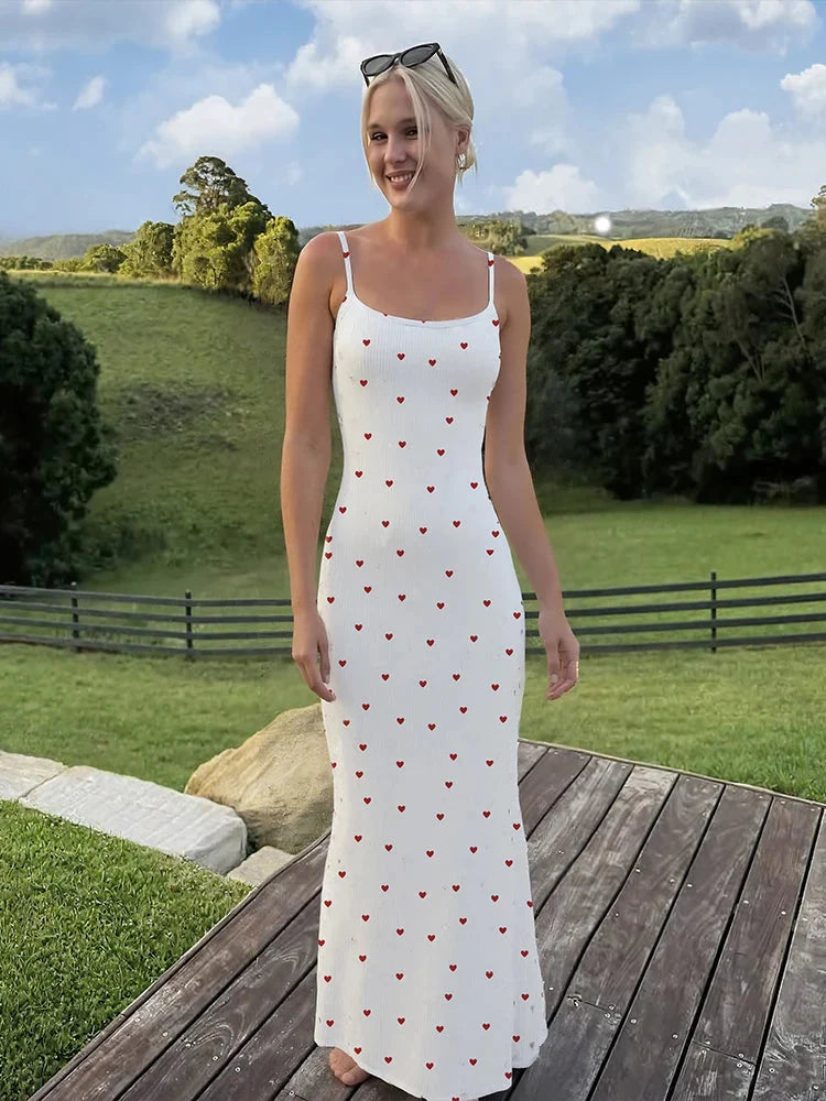 Elegant Heart Print Ribbed Maxi Dress Y2K Trend Square Collar Backless Robe Daily Casual Outfits