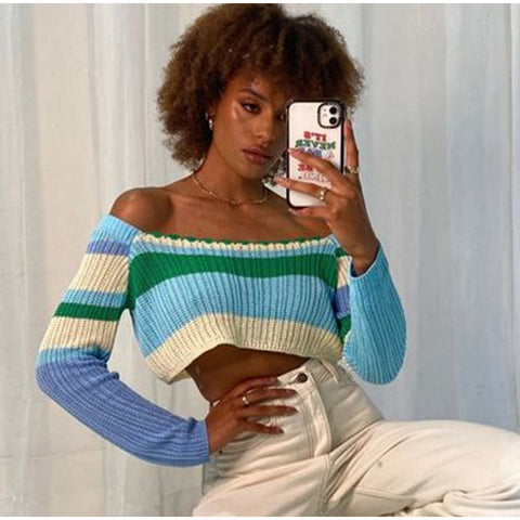 Voguable Knitted Y2K Clothes Crop Top Colored Striped Off The Shoulder T shirts Long Sleeve Trendy Short WoTops