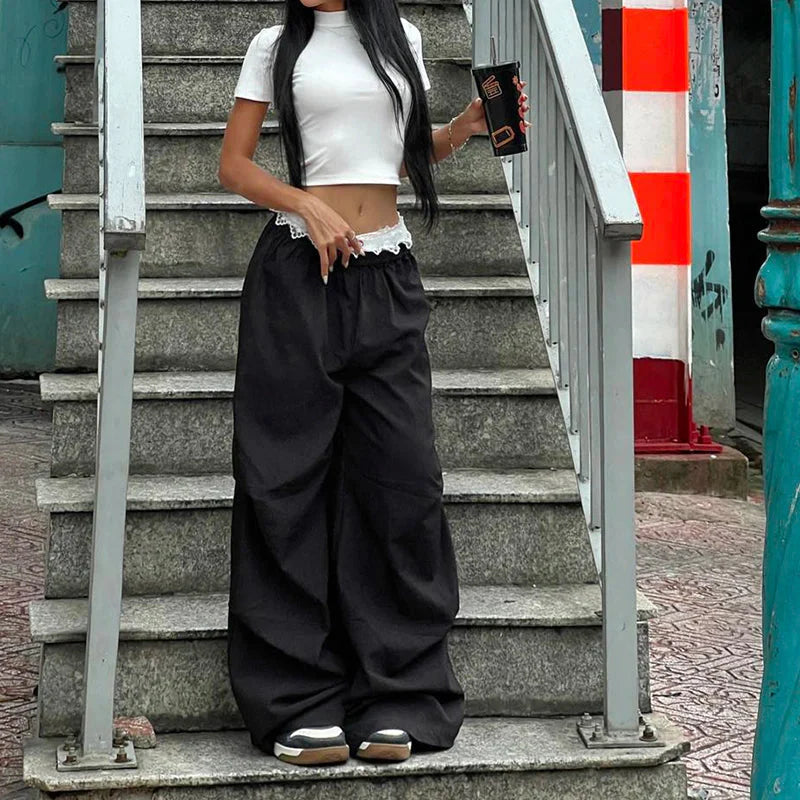 Contrast Lace Stitching Wide Leg Pants Streetwear y2k Low Rise Loose Black Trousers for Korean Baggy Capris