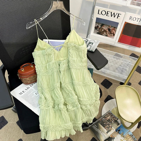 Voguable Backless V-neck Y2K Draped Suspender Dresses Beach Style Hotsweet Slim Fit Chiffon Party Club Dress