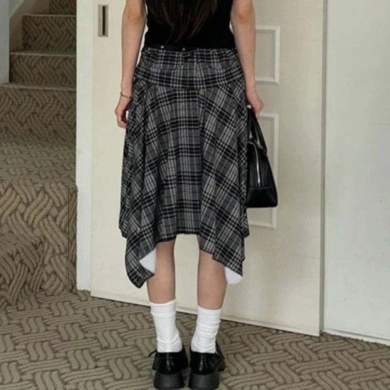 Preppy Style Plaid Print Skirt Grey Low Rise Loose Irregular A-line Midi Skirts Harajuku Clothes y2k Streetwear New