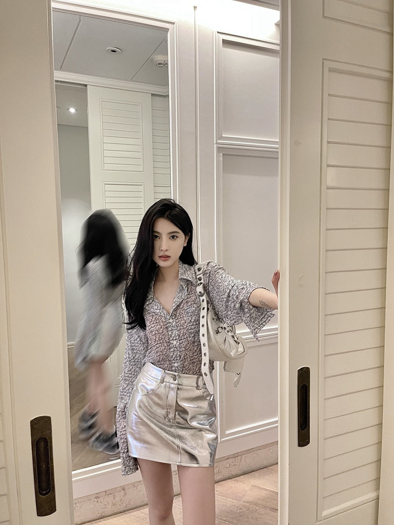 Pink Silver Reflective Shiny Patent Leather Mini Skirts for High Waist A Line Short Y2K Clothes