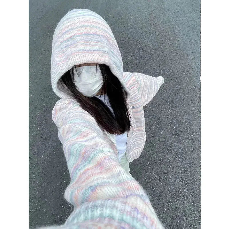 Japanese Y2k Rainbow Striped Kawaii Cardigans All Match Hooded Sweaters Loose Zipper Grunge Knitted Coat Pull Femme
