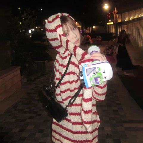 Japanese Y2k Hooded Cardigan 2000s Aesthetics Rabbit Ears Zipper Knitwear Vintage Harajuku Red Stripe Sweater Grunge