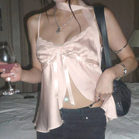 Kawaii Bandage Lace Pink Camisole Sweet Patchwork Satin Crop Tops with Slit y2k Vintage Tank Tops Cute