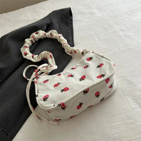 Kawaii Cute Strawberry Print Shoulder Bags Y2k Aesthetic Casual Underarm Bag Japanese Fairy Sweet Handbags