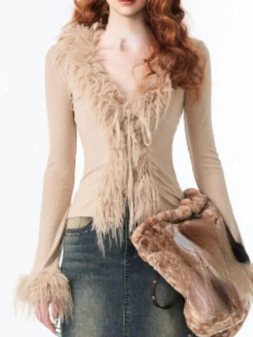 Y2k Aesthetic V-neck Jacket Korean Cardigan  Harajuku Vintage Bandage Fur Patchwork Coat Chic