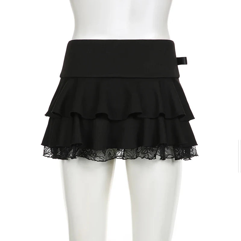 Voguable  Dark Academia Lace A-line Mini Skirt Black Low Waisted Bow Stitching Short Skirts Y2K Gothic Cute Bottoms Streetwear