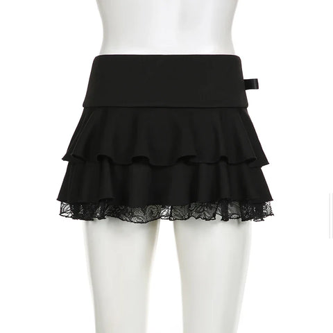 Voguable  Dark Academia Lace A-line Mini Skirt Black Low Waisted Bow Stitching Short Skirts Y2K Gothic Cute Bottoms Streetwear