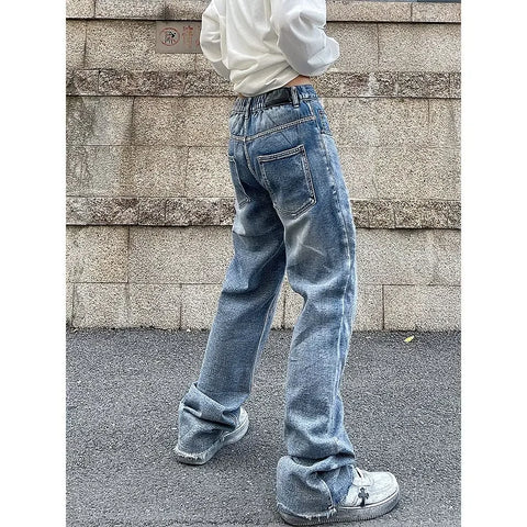 Vintage Flame Embroidered High Rise Jeans Washed Old Loose Fit Jeans Y2K Jeans Casual Pants Loose Fit Jean