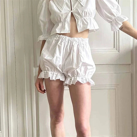 White Bloomers Ruffle Hem Bottoms Solid Color Elastic High Waist Panties Coquette Clothing y2k Victorian Shorts