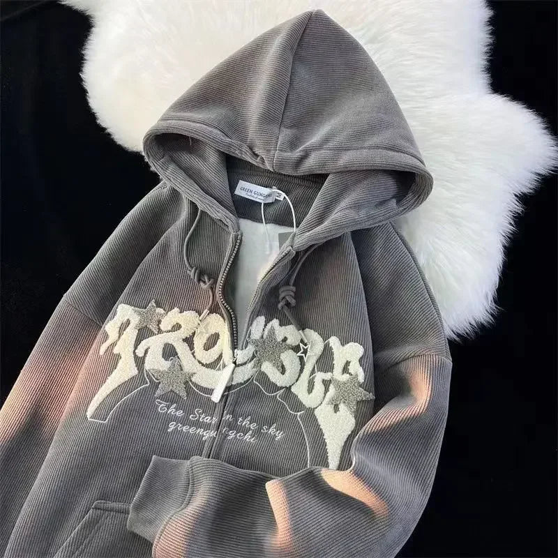 Y2K Letter Embroidered Hoodie Winter Vintage Zip Up Oversized Sweatshirt Harajuku Long Sleeve Hooded Jacket Clothes