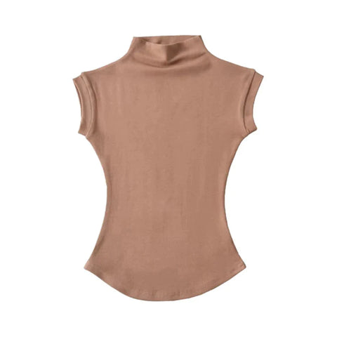 y2k Crop Tops Vest Solid Color Mock Neck Sleeveless Stretchy T Shirts 2000s Aesthetic Clothing Streetwear