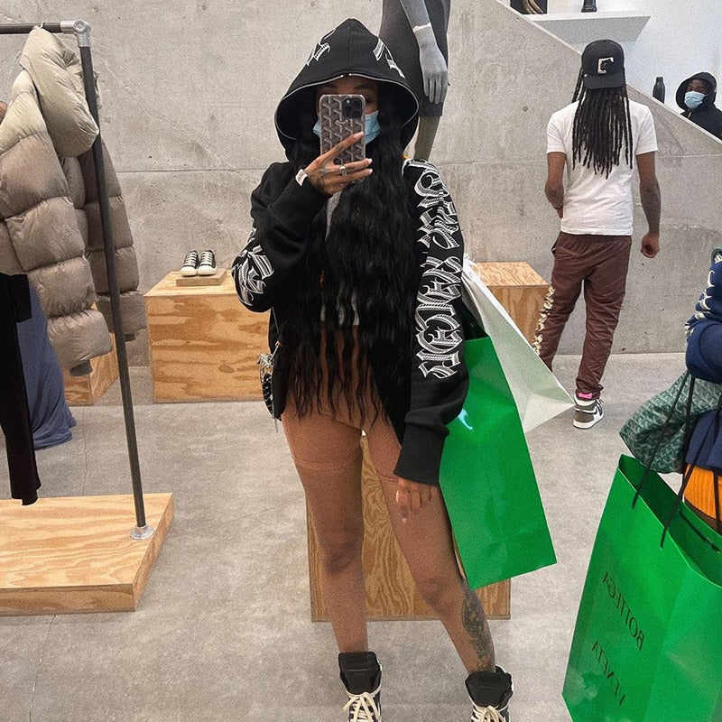 Voguable Star Letter Print Hoodie Zip Up Long Sleeve Oversized Jacket Coat Harajuku Gothic Hooded Sweatshirt Y2K Teen Clothes