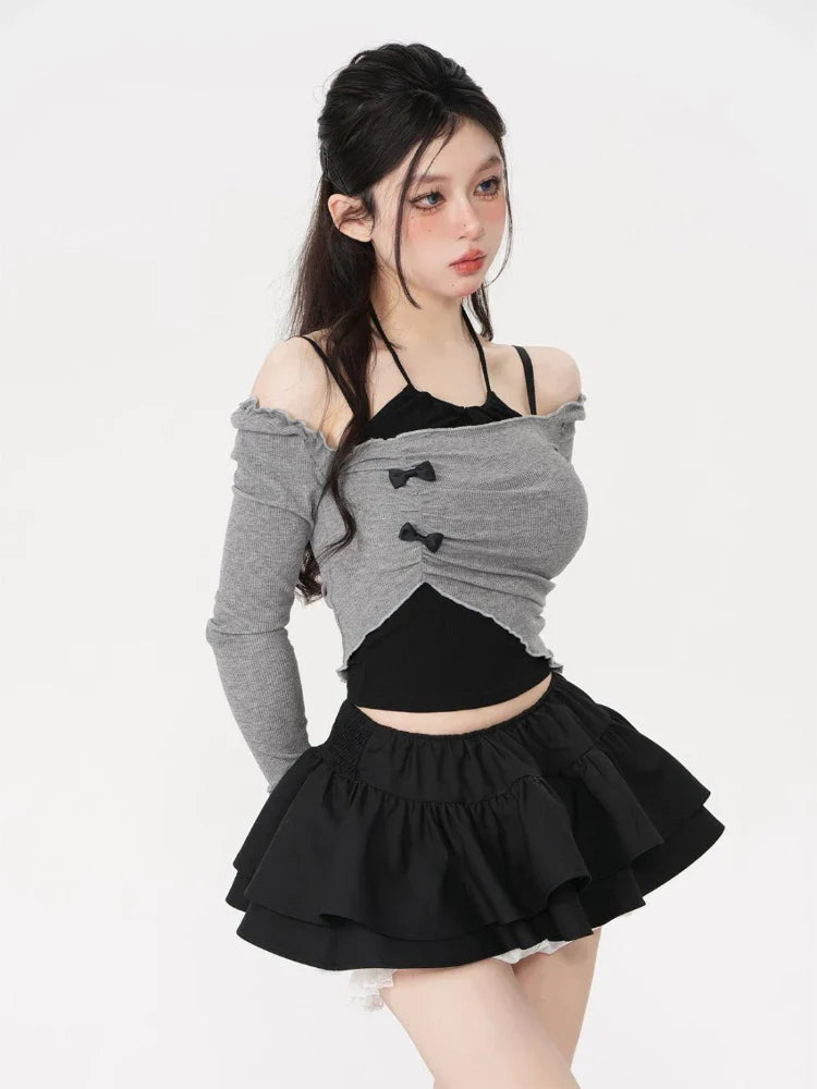 Voguable Korean 2 Piece Set Skirt Slim Y2k Crop Tops Casual Vintage Black Mini Skirt Kawaii Sweet Suit Woman Chic