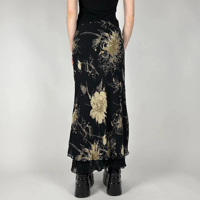Vintage Floral Print Low Rise Long Skirt Streetwear 90s Slim-fitting Skirts Harajuku y2k Aesthetic Ladies Bottoms
