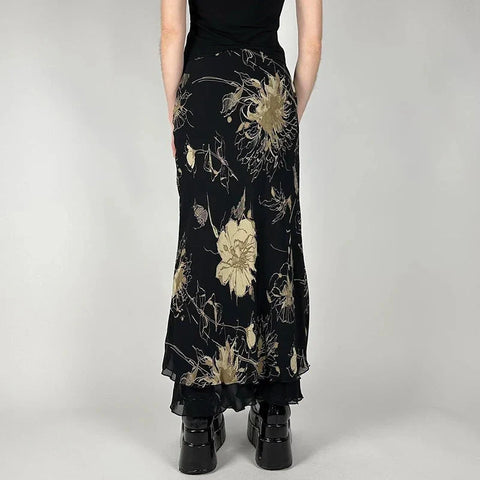 Vintage Floral Print Low Rise Long Skirt Streetwear 90s Slim-fitting Skirts Harajuku y2k Aesthetic Ladies Bottoms