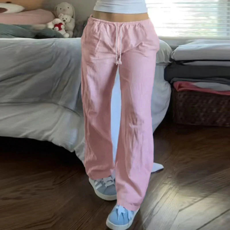Drawstring Low Rise Pink Casual Pants y2k Basic See Through Pants y2k Aesthetic Straight Trousers for Korean Style