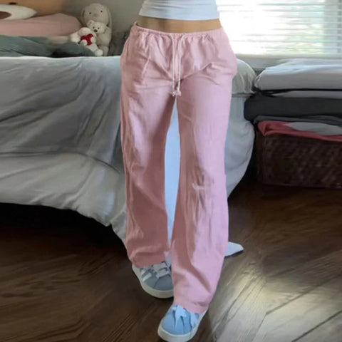 Drawstring Low Rise Pink Casual Pants y2k Basic See Through Pants y2k Aesthetic Straight Trousers for Korean Style