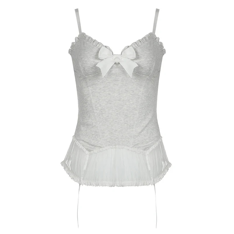 Voguable  Y2K Lace Ruffles Crop Top Coquette Aesthetic Bow Milkmaid Corset Cute Japanese Lolita Style Camis Fairy Vest