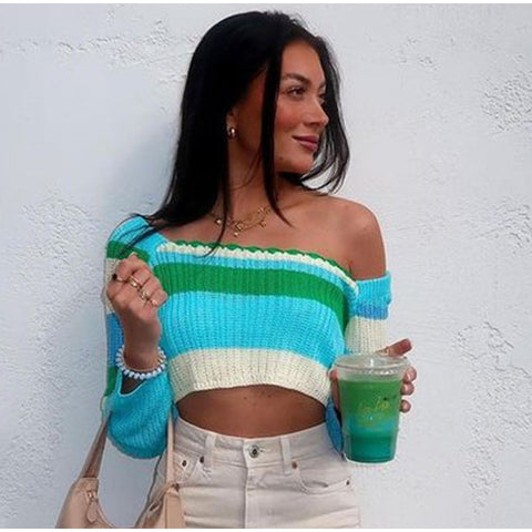 Voguable Knitted Y2K Clothes Crop Top Colored Striped Off The Shoulder T shirts Long Sleeve Trendy Short WoTops
