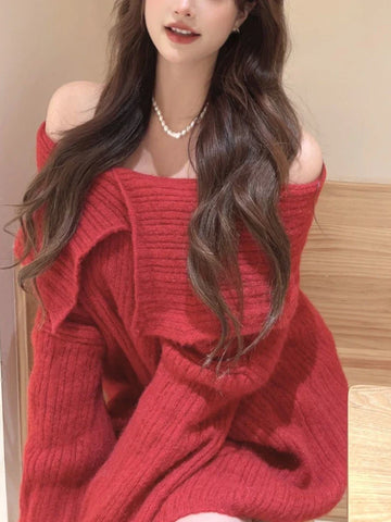 Design White Knitted Sweater Long Sleeve Pure Color Korean Y2k Clothing Elegant Pullover Female