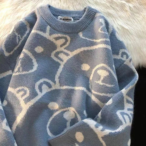 Voguable Winter Thickened Warm Sweater Cartoon Bear Head Graphic Jumper Pullover Preppy Couples Hip Hop Streetwear Y2K Tops Casual