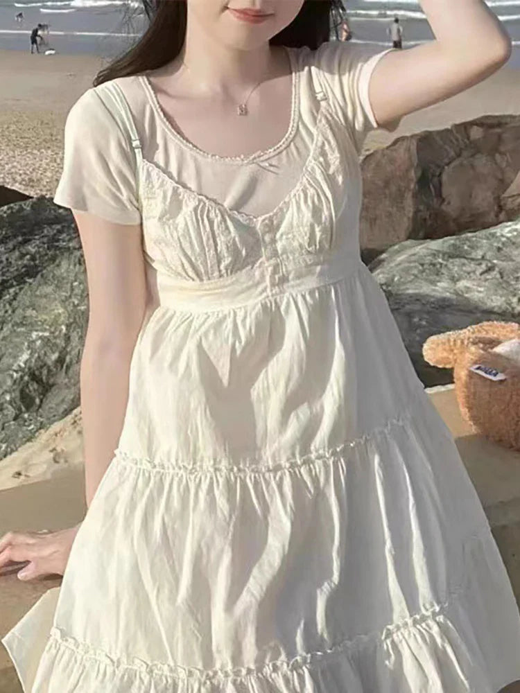 Voguable  Vintage Girls y2k Sweet Cascading Yellow Dress Ladies Soft Cotton Cute Midi Dresses for Chic Outfits