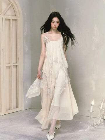Voguable  French Vintage Midi Dress Y2k Lace Patchwork Elegant Beach Style Strap Dress FeKorea Chic Clothes
