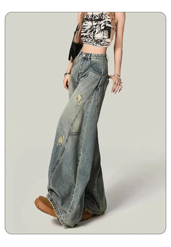 Y2K Hole Jeans Streetwear American Retro High Waist Loose Denim Pants Casual Hip Hop Vintage Pockets Lady Gothic Trousers