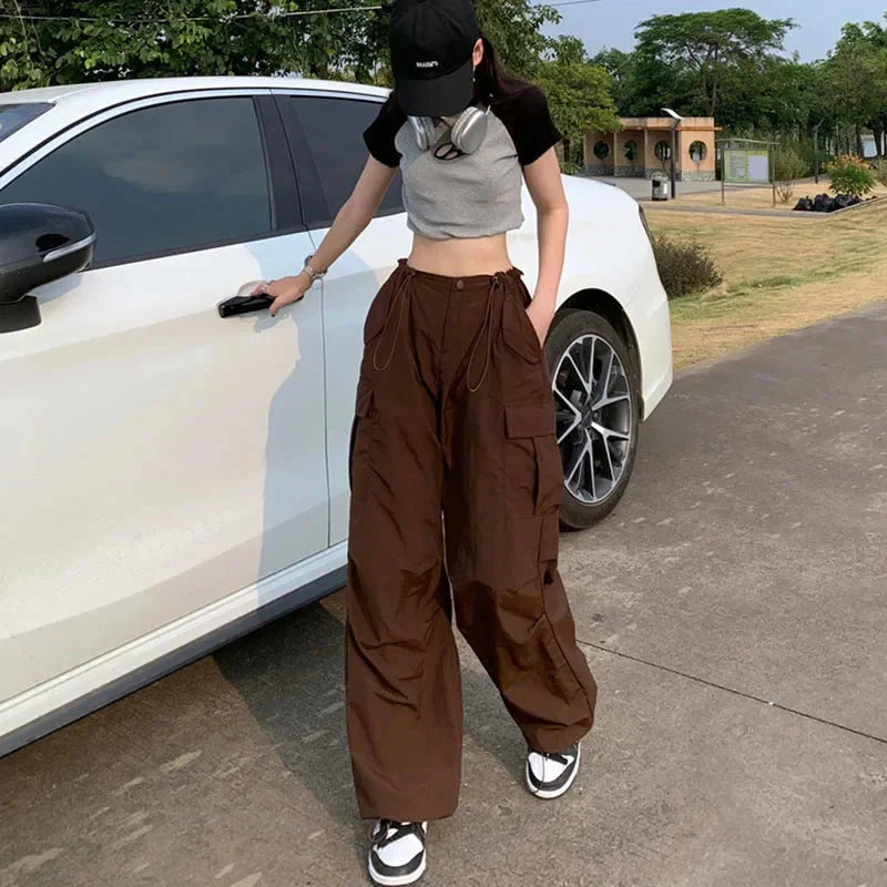 Y2K Brown Drawstring Cargo Pants Vintage Hip Hop Streetwear Baggy Pocket Wide Leg Trousers Casual Straight Pants