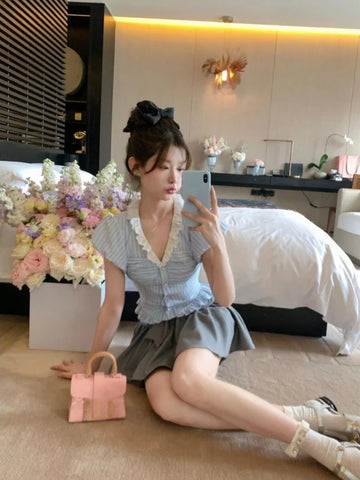 Voguable Japanese Style Kawaii Suit Girls Cute Stripe Slim Bouse + Bow Y2k Mini Skirt Korean Sweet Skirt Set Woman Chic