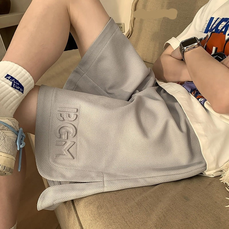 Korean Y2k Shorts Baggy Straight Tube Embossed Seal Casual Short Pants Breeches Harajuku Elastic Waist