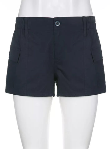 Rapcopter y2k Solid Cargo Shorts Pockets Elastic Band Low Waisted Shorts Harajuku Retro Basic Casual Sporty Bottom Biker