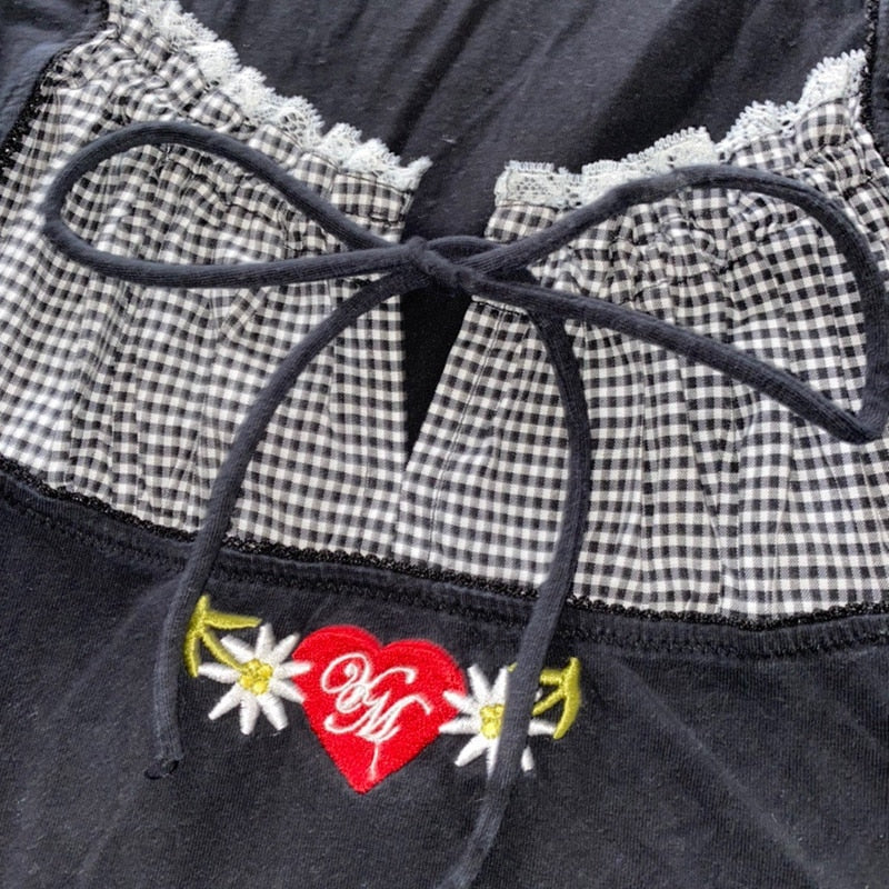 Voguable  Vintage Kawaii Bow Embroidery Mini Dress Patchwork Square Collar Short Sleeve Black Dress Retro Y2K Aesthetic Fairy Clothes