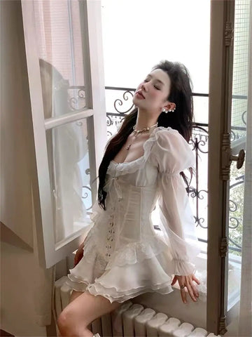 Voguable French Sweet White Y2k Mini Dress Long Sleeve Beach Style One Piece Dress Korean Japanese Kawaii Chic