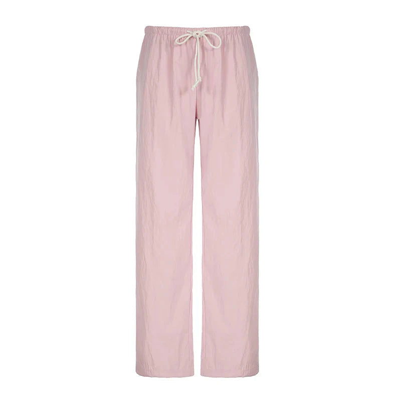 Drawstring Low Rise Pink Casual Pants y2k Basic See Through Pants y2k Aesthetic Straight Trousers for Korean Style