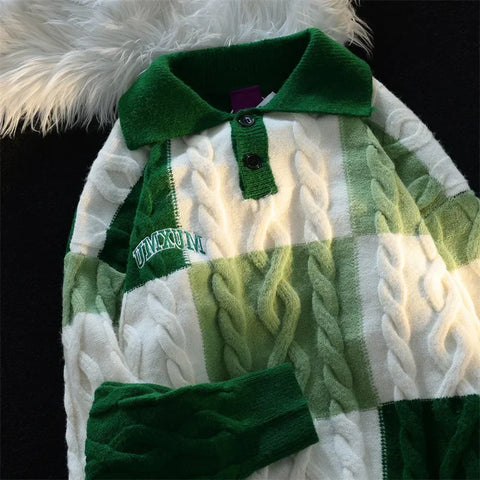 Voguable Vintage Plaid Green Knitted Sweater Checked Pullover Y2K Blue Sweaters Winter Harajuku Japanese Streetwear