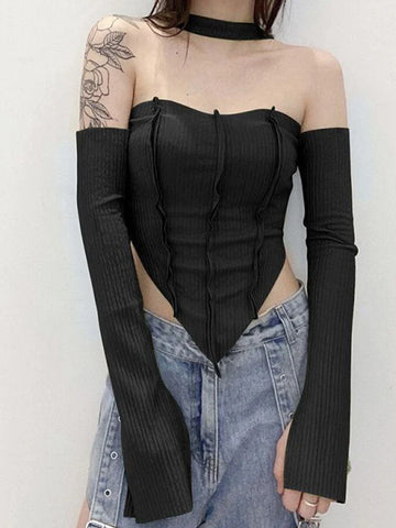 Y2K Top Long Sleeve T-Shirts 2 Piece Tops Halter Tanks Backless Crop Top Off Shoulder Tees Christmas Clothes