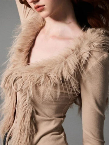 Y2k Aesthetic V-neck Jacket Korean Cardigan  Harajuku Vintage Bandage Fur Patchwork Coat Chic