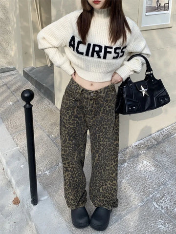 Voguable Vintage Leopard Print Pantalon Femme Wide Leg Pants High Waist Straight Y2k Jeans Casual Korean  Jean Trousers