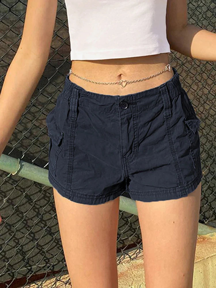 Rapcopter y2k Solid Cargo Shorts Pockets Elastic Band Low Waisted Shorts Harajuku Retro Basic Casual Sporty Bottom Biker