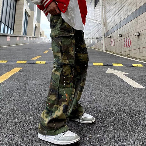 Y2K Ink Graffiti Baggy Tracksuit Cargo Flare Pants Joggers Camouflage Casual Long Trousers Ropa Hombre