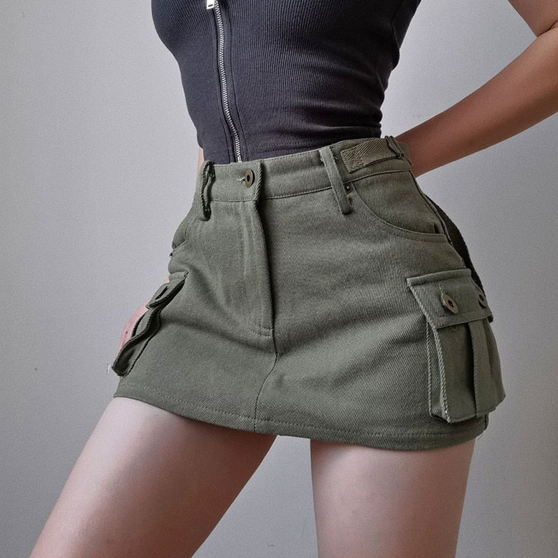 Low Waist Mini Skirt Y2K Aesthetic 2000s Vintage A-line Wild Pockets Ultrashort Clubwear Cargo Skirts with Shorts