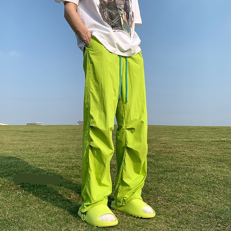 American Trend Y2k Parachute Casual Pants Baggy Solid Color Quick Drying Cargo Pants Waterproof Ice Silk Straight Trousers