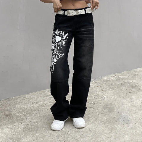 Harajuku printed Cargo Jeans Y2K Dark Blue brown High Waist Streetwear 90S Baggy Jeans Pants Straight wide leg jeans