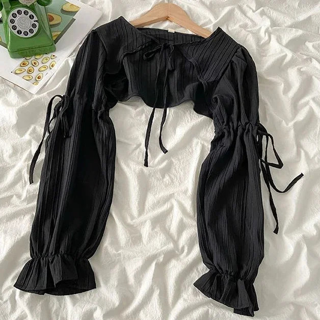 Y2k Sun Protection Cardigan Women' Clothing Thin Crop Tops Bandage Long Sleeve Blouse Cape Femme Ruffles Korean Sweater