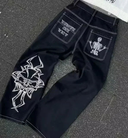 American Jeans Y2K Pants WoGothic Hip Hop Pocket Sequins Rhinestone Retro Blue Jeans Slim High Waist Trousers