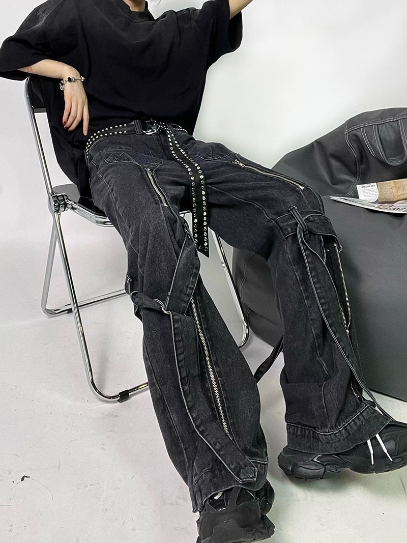 ReddaChic Acubi Pants Black Baggy Jeans with Zipper Slit 2-Strip Cyberpunk Y2k Grunge Goth Trousers Emo Streetwear